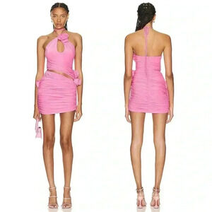 Magda Butrym Rosette Silk Jersey Pink Ruched Cutout Mini Dress 42 IT / US 6
